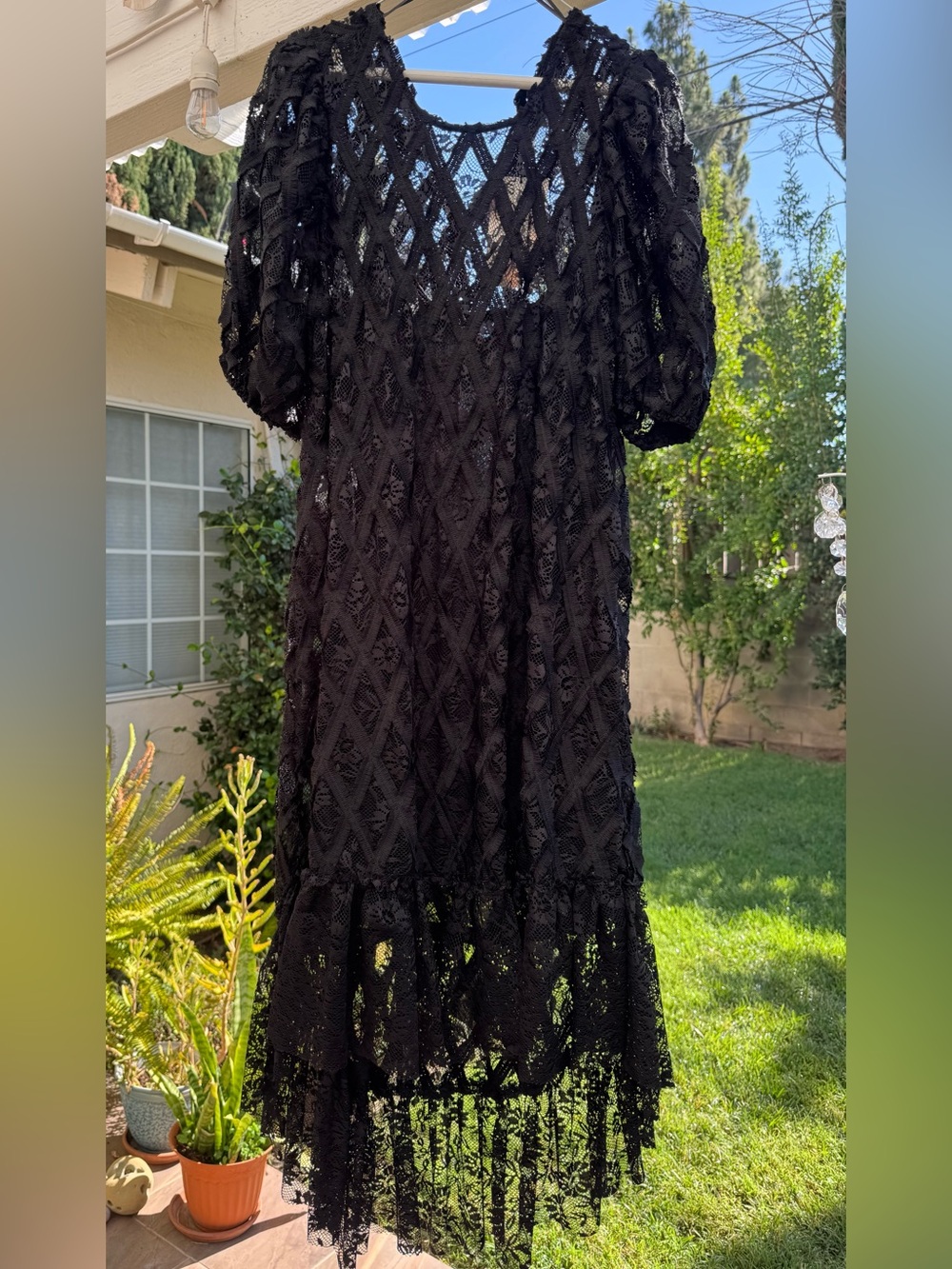 Black Lace Tiered Midi Dress with Puff Sleeves